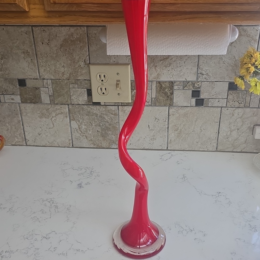 Vintage MCM Italian Murano Venini Twisted Spiral Art Glass Vase 20" Retro Red